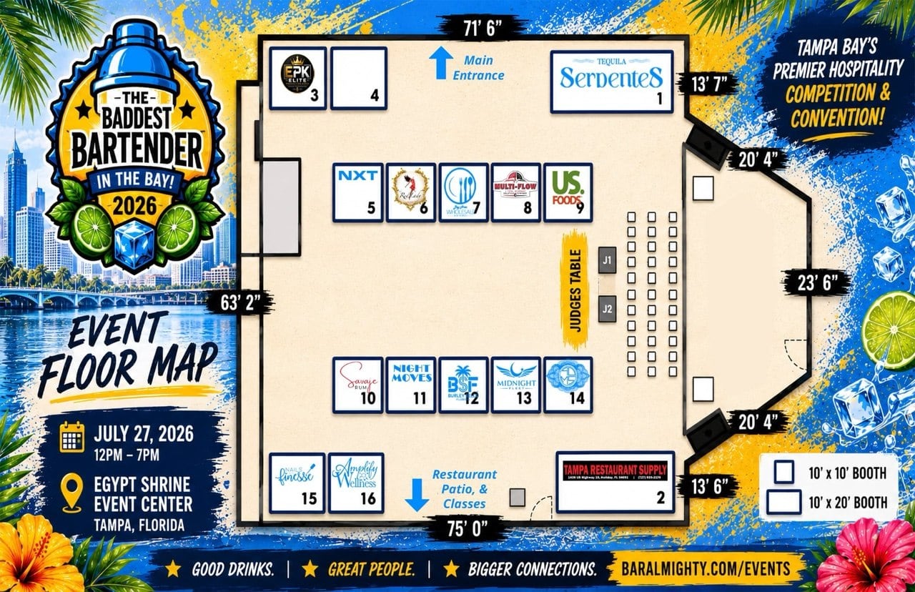 Official Baddest Bartender in the Bay 2026 event floor map showing Burley Sells Florida at Booth 12