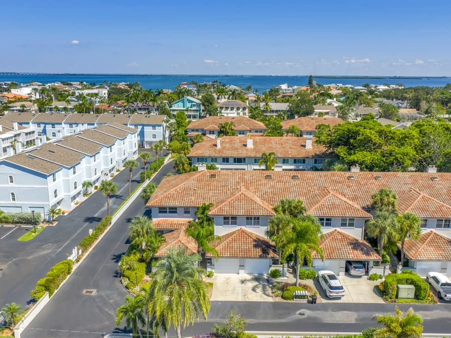 Aerial view of the Villa Del Mar community in Tierra Verde with the Gulf on the horizon